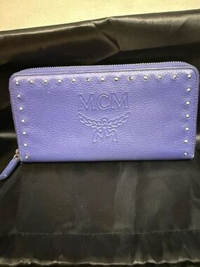 MCM Royal Blue Zip Around Studded  with COA Leather Wallet